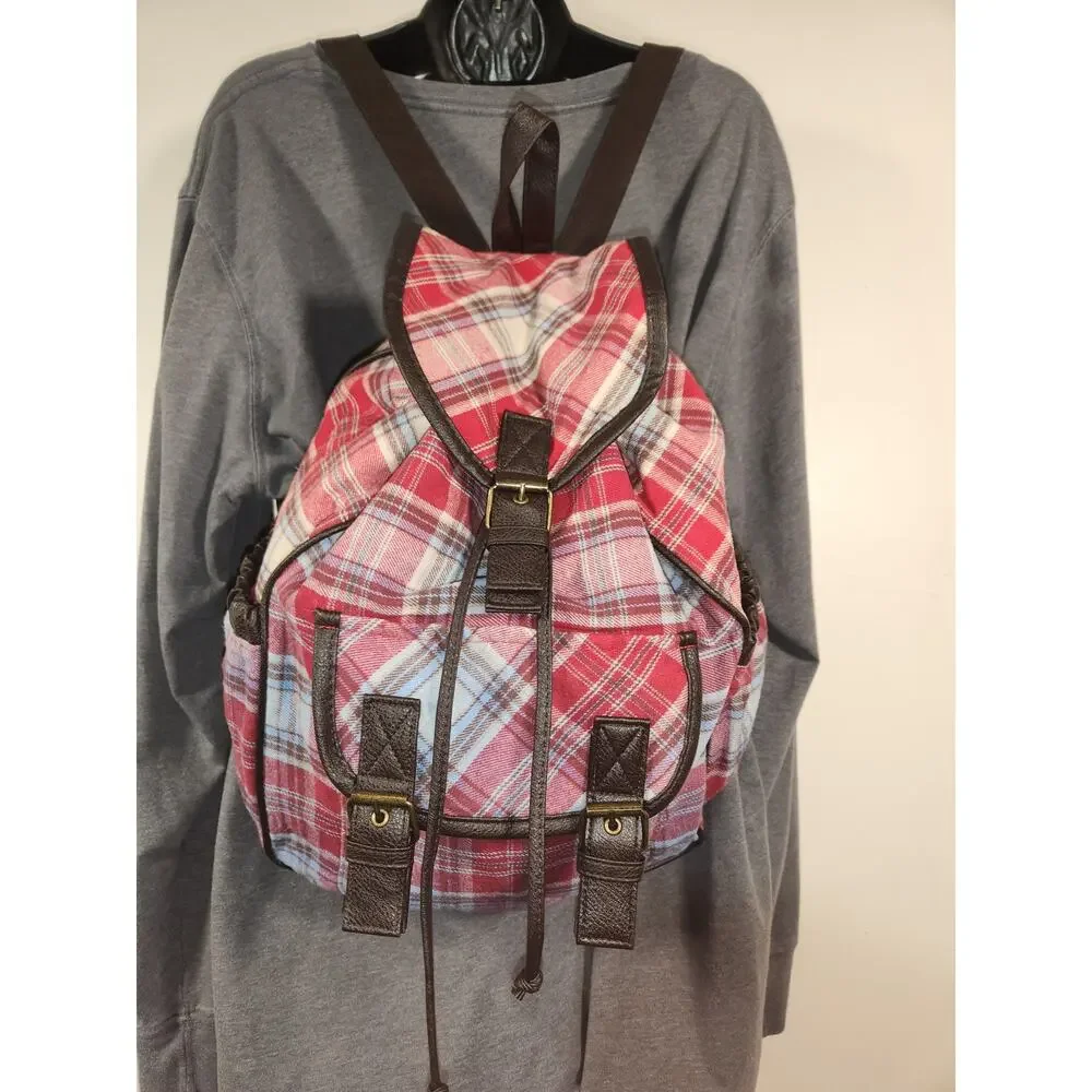 CLAIRE'S Plaid Flannel Backpack Red Faux Leather Fall School Cowgirl Farmgirl